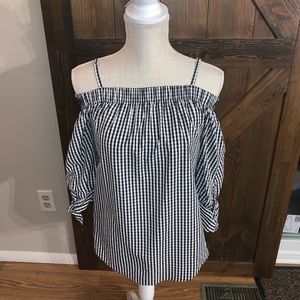 iZ Byer Off the Shoulder Black and White Plaid Shirt